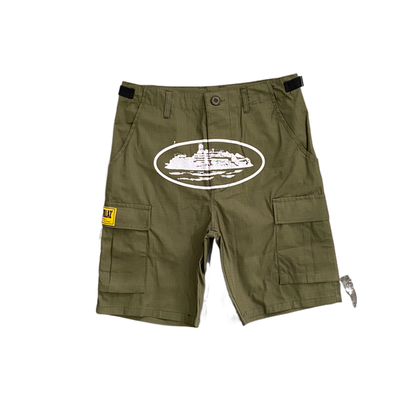 MILITARY GREEN BLUE CARGO SHORTS - WHITE