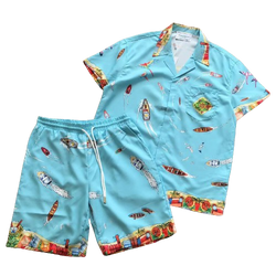 Casablanca Maison Sur Pilot Blue Silk Shirt & Shorts