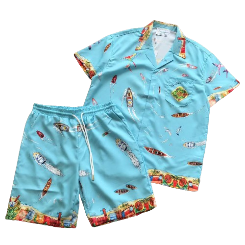 Casablanca Maison Sur Pilot Blue Silk Shirt & Shorts